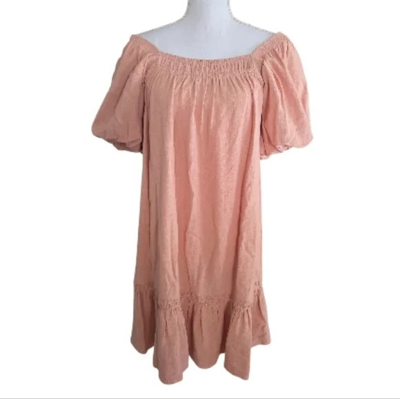 Doe & Rae Blush Off Shoulder Puff Sleeve Dress - Picture 1 of 7